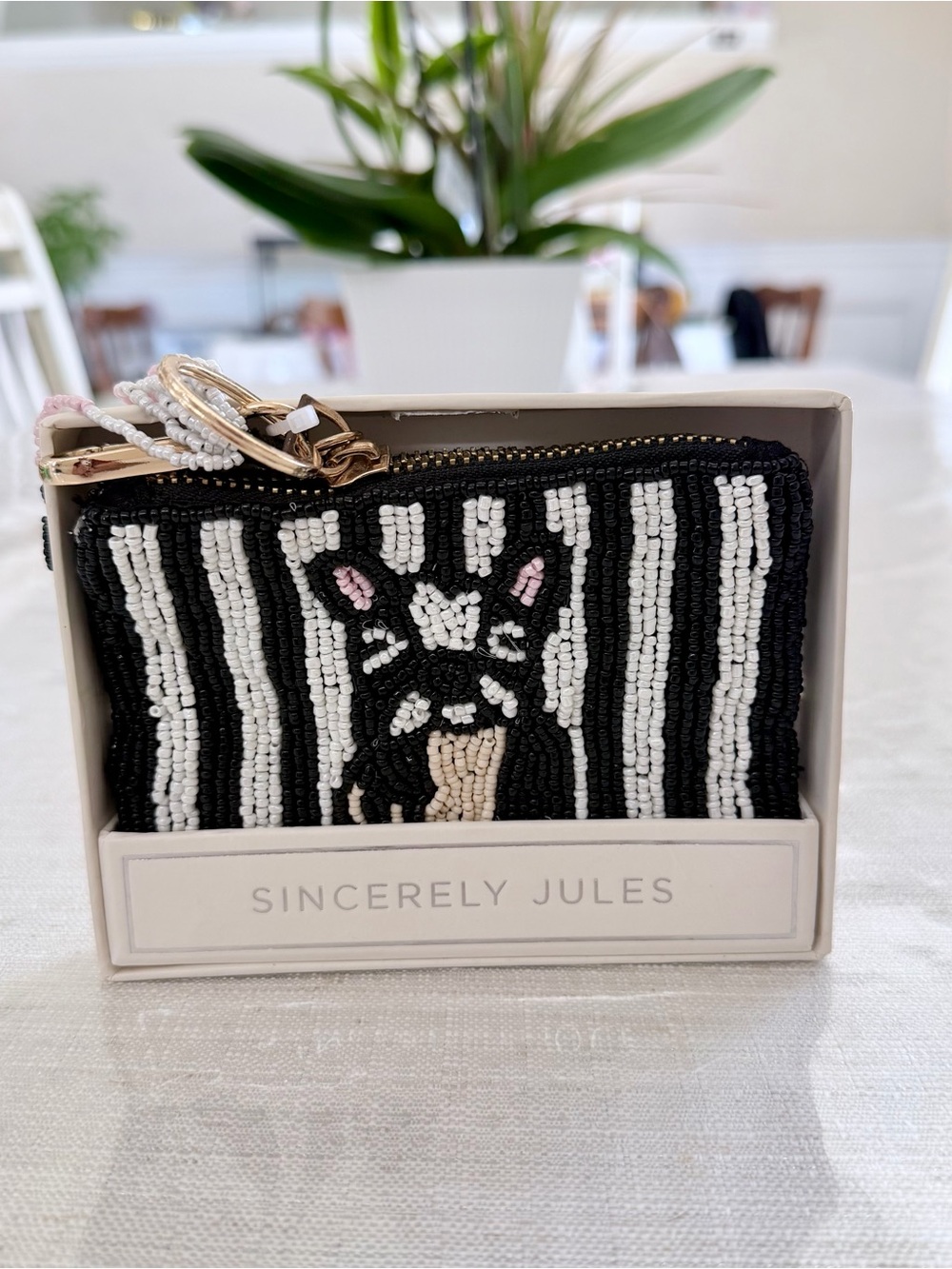 Sincerely Jules French bulldog print Beaded Keychain Pouch -NWT
